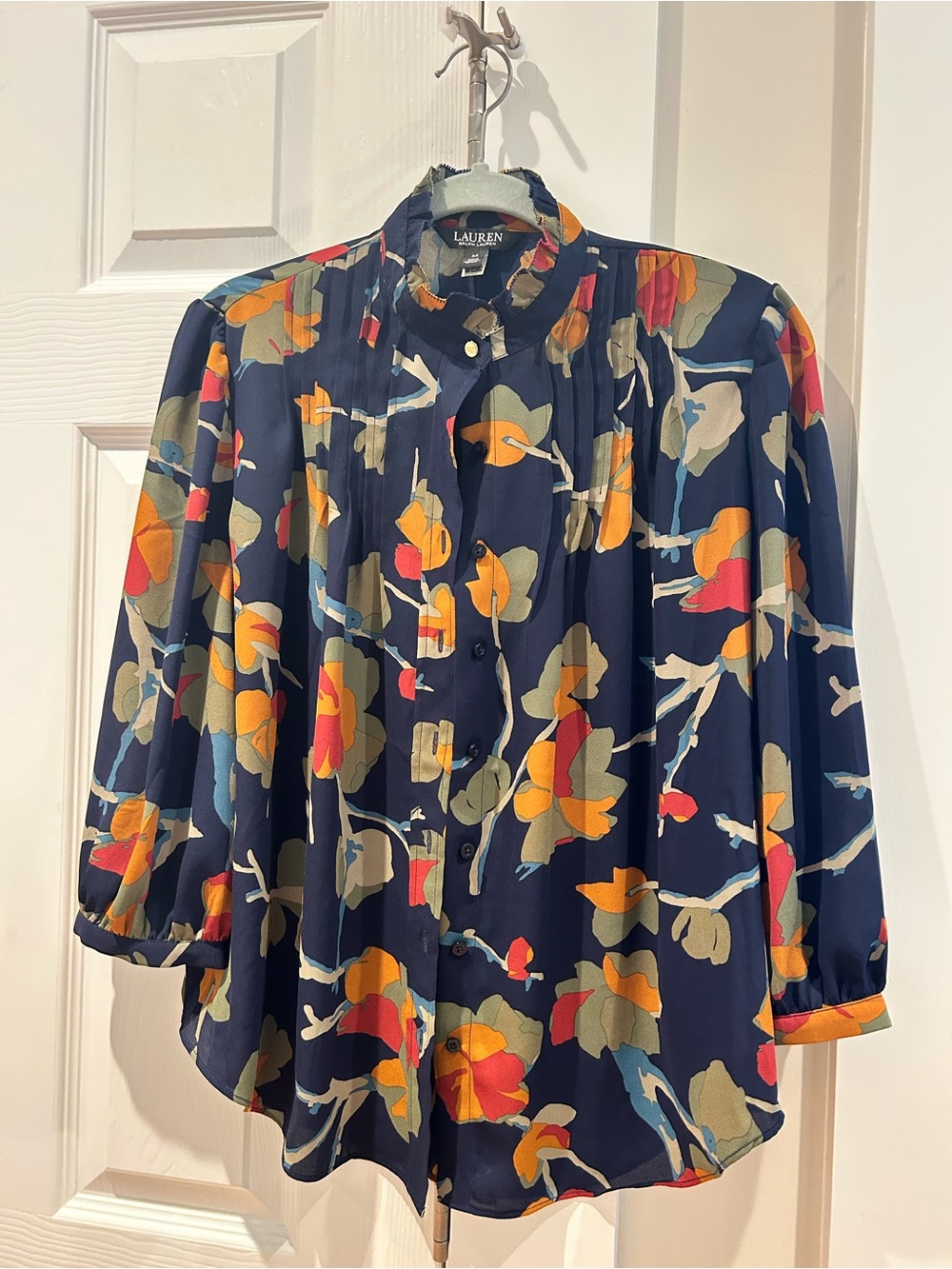 Ralph Lauren Navy Floral Button-Up Blouse with Multicolor Blooms